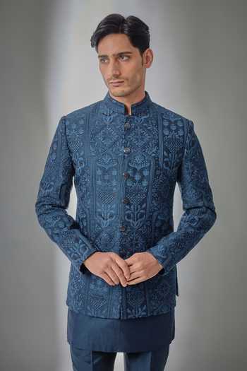 Salil Bhatia_Teal , , Embroidery, Embellished Bandhgala Set _Online_at_Aza_Fashions
