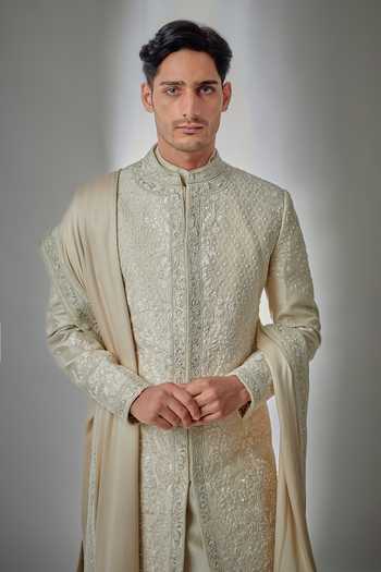 Salil Bhatia_Beige Raw Silk, Silk, Chanderi, Modal, Satin Embroidered Sherwani Set _Online_at_Aza_Fashions