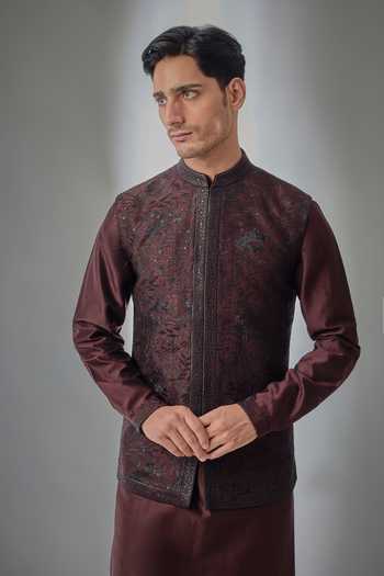 Salil Bhatia Wine Silk, Chanderi Zari Embellished Nehru Jacket Set Online at Aza Fashions Salil Bhatia_Wine Silk, Chanderi Zari Embellished Nehru Jacket Set _Online_at_Aza_Fashions