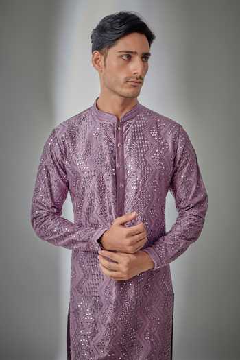 Salil Bhatia_Purple Silk, Satin, Modal Mirror Work Kurta And Salwar Set _Online_at_Aza_Fashions