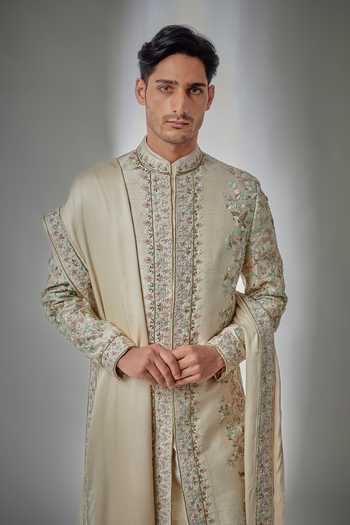 Buy Salil Bhatia Beige Raw Silk, Chanderi, Satin, Modal Hand Embroidered Sherwani And Kurta Set Online at Aza Fashions Buy_Salil Bhatia_Beige Raw Silk, Chanderi, Satin, Modal Hand Embroidered Sherwani And Kurta Set _Online_at_Aza_Fashions