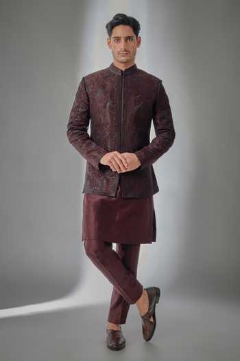 Salil Bhatia Wine Zari Embellished Bandhgala Set 