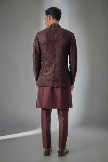 Salil Bhatia Wine Zari Embellished Bandhgala Set 
