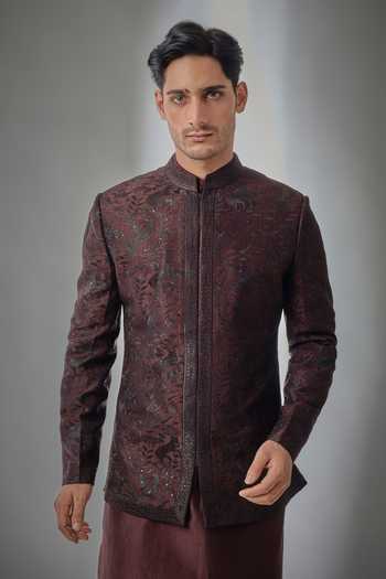 Salil Bhatia Wine Silk, Chanderi Zari Embellished Bandhgala Set Online at Aza Fashions Salil Bhatia_Wine Silk, Chanderi Zari Embellished Bandhgala Set _Online_at_Aza_Fashions