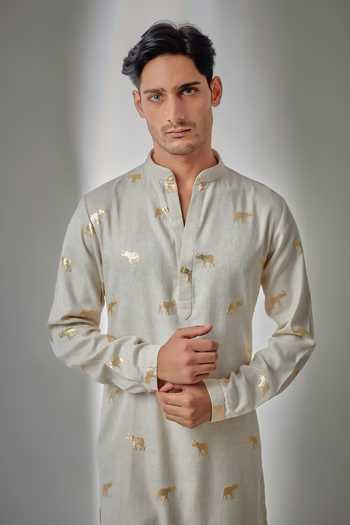 Buy Salil Bhatia Beige Cotton, Linen Elephant Embellished Kurta And Pant Set Online at Aza Fashions Buy_Salil Bhatia_Beige Cotton, Linen Elephant Embellished Kurta And Pant Set _Online_at_Aza_Fashions