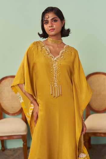 Chrkha Yellow Silk, Tissue V-neck Embroidered Kaftan Online at Aza Fashions Chrkha_Yellow Silk, Tissue V-neck Embroidered Kaftan _Online_at_Aza_Fashions