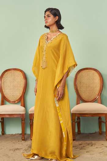 Buy Chrkha Yellow Silk, Tissue V-neck Embroidered Kaftan Online at Aza Fashions Buy_Chrkha_Yellow Silk, Tissue V-neck Embroidered Kaftan _Online_at_Aza_Fashions
