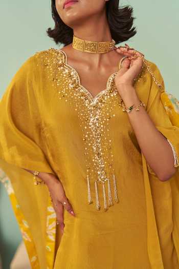 Shop Chrkha Yellow Silk, Tissue V-neck Embroidered Kaftan Online at Aza Fashions Shop_Chrkha_Yellow Silk, Tissue V-neck Embroidered Kaftan _Online_at_Aza_Fashions