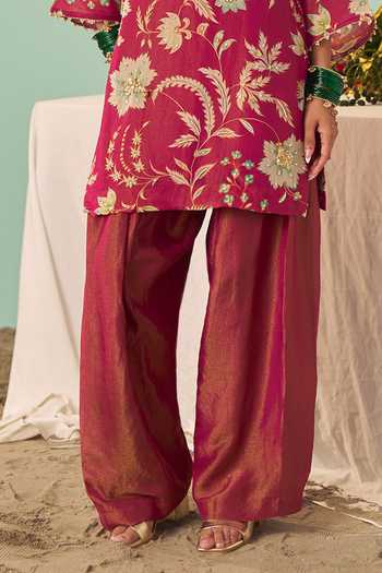 Buy Chrkha Burgundy Silk, Tissue V-neck Chintz Print Kurta And Pant Set Online at Aza Fashions Buy_Chrkha_Burgundy Silk, Tissue V-neck Chintz Print Kurta And Pant Set _Online_at_Aza_Fashions