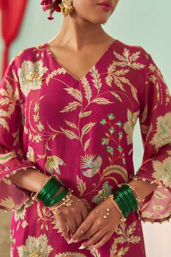 Chrkha Burgundy Silk, Tissue V-neck Chintz Print Kurta And Pant Set at Aza Fashions Chrkha_Burgundy Silk, Tissue V-neck Chintz Print Kurta And Pant Set _at_Aza_Fashions