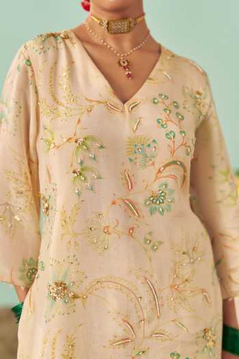Buy Chrkha Ivory Silk, Tissue V-neck, Yes Chintz Printed Kurta And Pant Set Buy_Chrkha_Ivory Silk, Tissue V-neck, Yes Chintz Printed Kurta And Pant Set