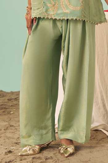 Chrkha_Green Silk, Tissue Round Neck, Yes Chintz Printed Kurta Set _Online_at_Aza_Fashions