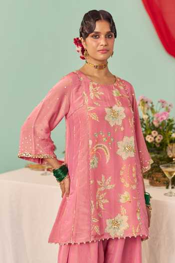 Chrkha Pink Silk, Tissue Round Neck Chintz Print Kurta Set at Aza Fashions Chrkha_Pink Silk, Tissue Round Neck Chintz Print Kurta Set _at_Aza_Fashions