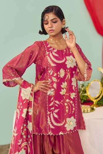Shop Chrkha Burgundy Silk, Tissue Round Neck Chintz Print Kurta Set Online at Aza Fashions Shop_Chrkha_Burgundy Silk, Tissue Round Neck Chintz Print Kurta Set _Online_at_Aza_Fashions