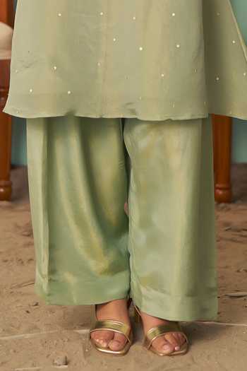 Chrkha Green Silk, Tissue Keyhole Neck A-line Embroidered Kurta Set Online at Aza Fashions Chrkha_Green Silk, Tissue Keyhole Neck A-line Embroidered Kurta Set _Online_at_Aza_Fashions