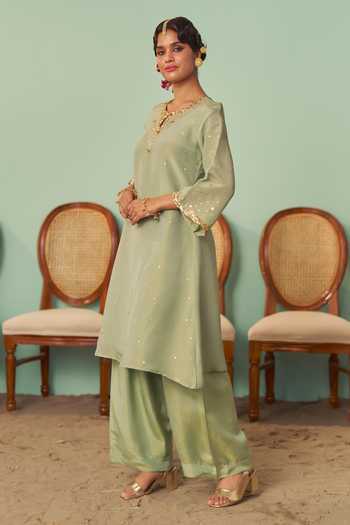 Buy Chrkha Green Silk, Tissue Keyhole Neck A-line Embroidered Kurta Set Online at Aza Fashions Buy_Chrkha_Green Silk, Tissue Keyhole Neck A-line Embroidered Kurta Set _Online_at_Aza_Fashions
