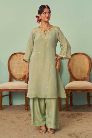 Shop Chrkha Green Silk, Tissue Keyhole Neck A-line Embroidered Kurta Set Online at Aza Fashions Shop_Chrkha_Green Silk, Tissue Keyhole Neck A-line Embroidered Kurta Set _Online_at_Aza_Fashions