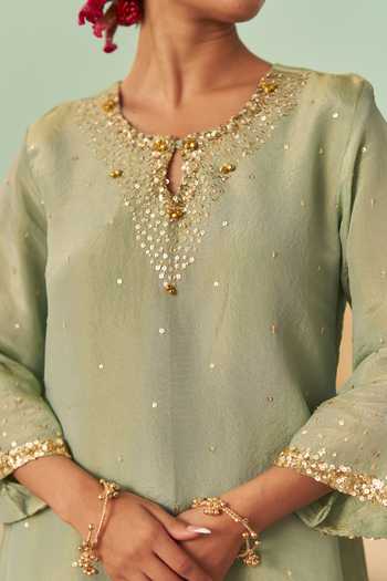 Chrkha Green Silk, Tissue Keyhole Neck A-line Embroidered Kurta Set at Aza Fashions Chrkha_Green Silk, Tissue Keyhole Neck A-line Embroidered Kurta Set _at_Aza_Fashions