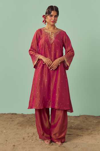 Chrkha_Burgundy Silk, Tissue Keyhole Neck Embroidered Kurta Set _Online_at_Aza_Fashions