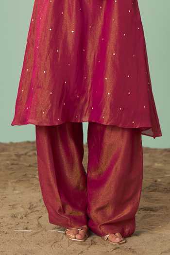 Chrkha_Burgundy Silk, Tissue Keyhole Neck Embroidered Kurta Set _at_Aza_Fashions