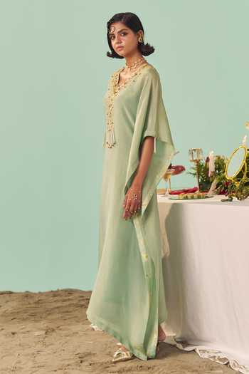 Chrkha_Green Silk, Tissue Kaftan _Online_at_Aza_Fashions