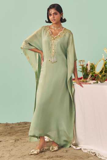 Buy_Chrkha_Green Silk, Tissue Kaftan _Online_at_Aza_Fashions