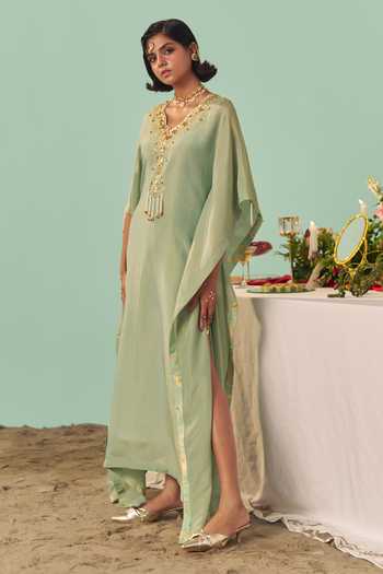 Shop_Chrkha_Green Silk, Tissue Kaftan _Online_at_Aza_Fashions