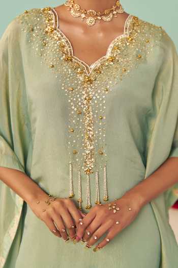Chrkha_Green Silk, Tissue Kaftan _at_Aza_Fashions