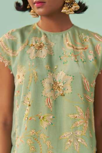 Shop Chrkha Green Silk, Tissue Round Neck Embroidered Kurta And Pant Set Online at Aza Fashions Shop_Chrkha_Green Silk, Tissue Round Neck Embroidered Kurta And Pant Set _Online_at_Aza_Fashions