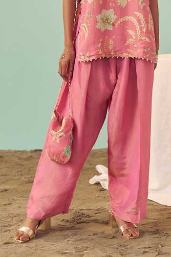 Shop_Chrkha_Pink Silk, Tissue Round Neck Printed Kurta And Pant Set _Online_at_Aza_Fashions