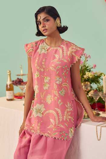 Chrkha_Pink Silk, Tissue Round Neck Printed Kurta And Pant Set _at_Aza_Fashions