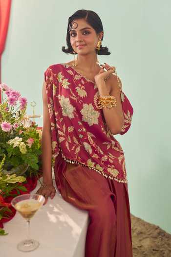 Chrkha_Burgundy Silk, Tissue Asymmetric Neck Chintz Print Top And Pant Set _Online_at_Aza_Fashions