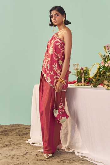 Buy_Chrkha_Burgundy Silk, Tissue Asymmetric Neck Chintz Print Top And Pant Set _Online_at_Aza_Fashions