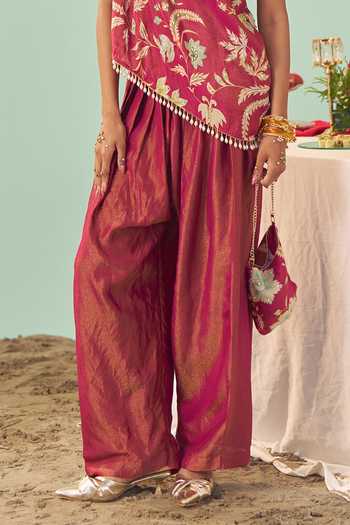 Shop_Chrkha_Burgundy Silk, Tissue Asymmetric Neck Chintz Print Top And Pant Set _Online_at_Aza_Fashions