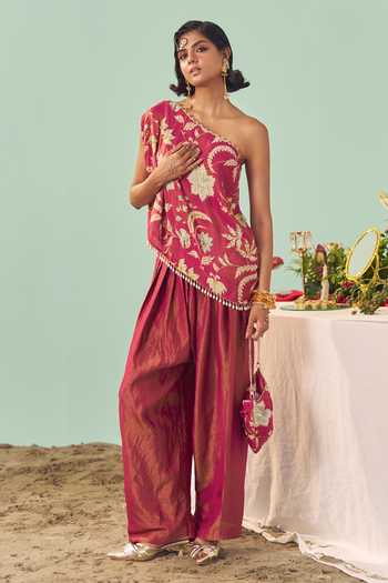Chrkha_Burgundy Silk, Tissue Asymmetric Neck Chintz Print Top And Pant Set _at_Aza_Fashions