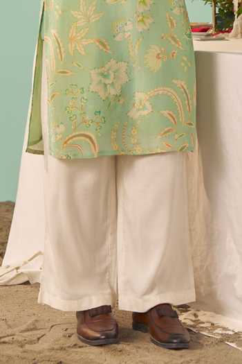 Chrkha_Green Silk, Cotton, Tissue Printed Kurta Set _Online_at_Aza_Fashions