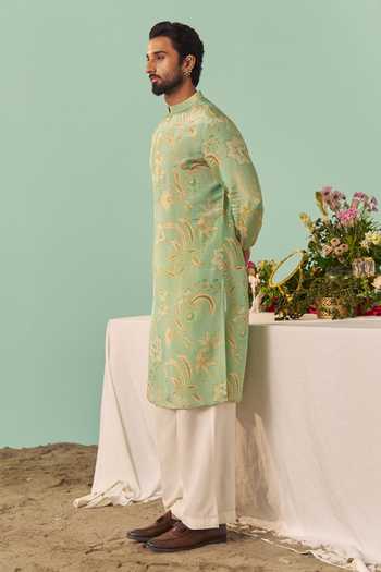 Buy_Chrkha_Green Silk, Cotton, Tissue Printed Kurta Set _Online_at_Aza_Fashions
