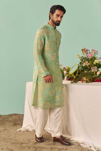 Shop_Chrkha_Green Silk, Cotton, Tissue Printed Kurta Set _Online_at_Aza_Fashions