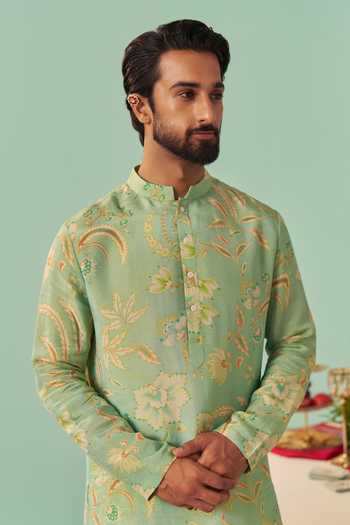 Chrkha_Green Silk, Cotton, Tissue Printed Kurta Set _at_Aza_Fashions