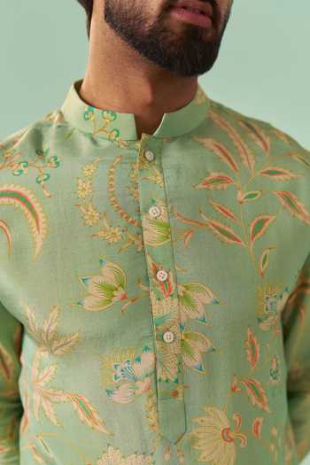 Buy_Chrkha_Green Silk, Cotton, Tissue Printed Kurta Set 
