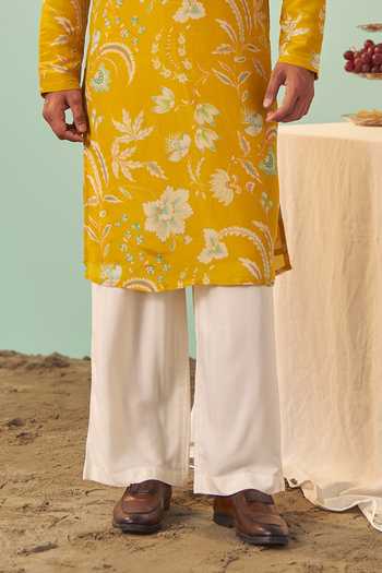 Chrkha_Yellow Silk, Tissue, Cotton Chintz Print Kurta And Pant Set _Online_at_Aza_Fashions