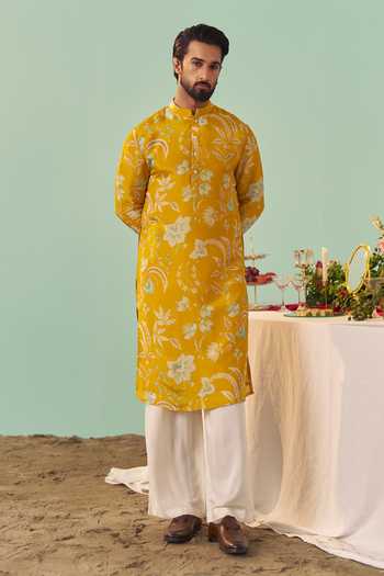 Shop_Chrkha_Yellow Silk, Tissue, Cotton Chintz Print Kurta And Pant Set _Online_at_Aza_Fashions