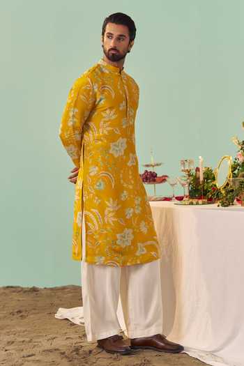 Chrkha_Yellow Silk, Tissue, Cotton Chintz Print Kurta And Pant Set _at_Aza_Fashions