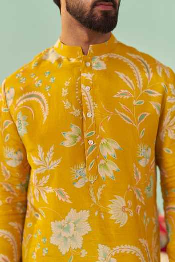 Buy_Chrkha_Yellow Silk, Tissue, Cotton Chintz Print Kurta And Pant Set 
