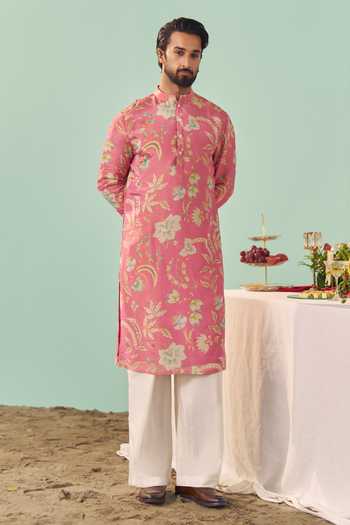 Shop_Chrkha_Pink Silk, Tissue, Cotton Printed Kurta Set _Online_at_Aza_Fashions