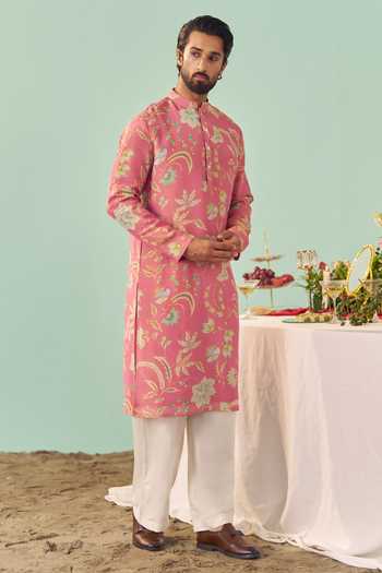 Chrkha_Pink Silk, Tissue, Cotton Printed Kurta Set _at_Aza_Fashions