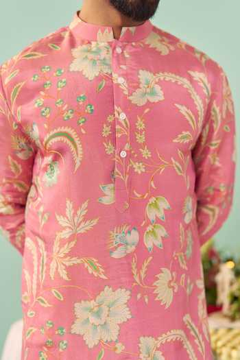 Buy_Chrkha_Pink Silk, Tissue, Cotton Printed Kurta Set 