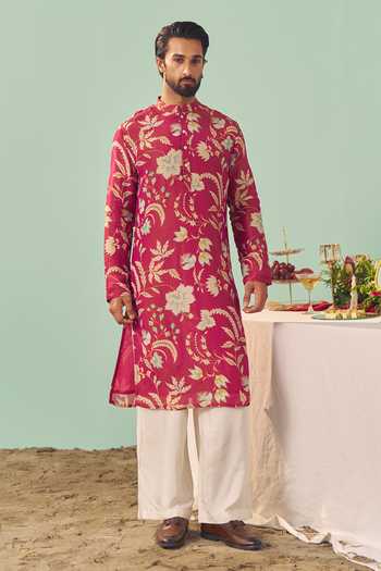 Shop Chrkha Burgundy Silk, Tissue, Cotton Printed Kurta And Pant Set Online at Aza Fashions Shop_Chrkha_Burgundy Silk, Tissue, Cotton Printed Kurta And Pant Set _Online_at_Aza_Fashions