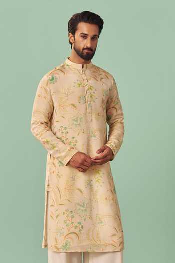 Chrkha_Ivory Silk, Cotton, Tissue Printed Kurta Set _Online_at_Aza_Fashions