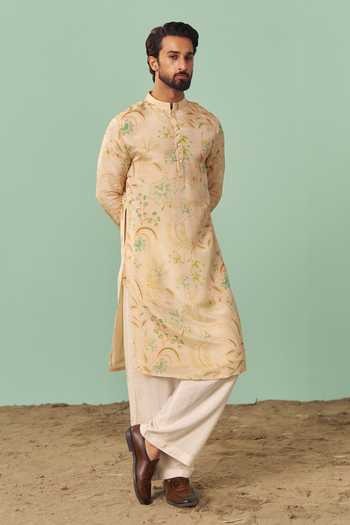 Shop_Chrkha_Ivory Silk, Cotton, Tissue Printed Kurta Set _Online_at_Aza_Fashions